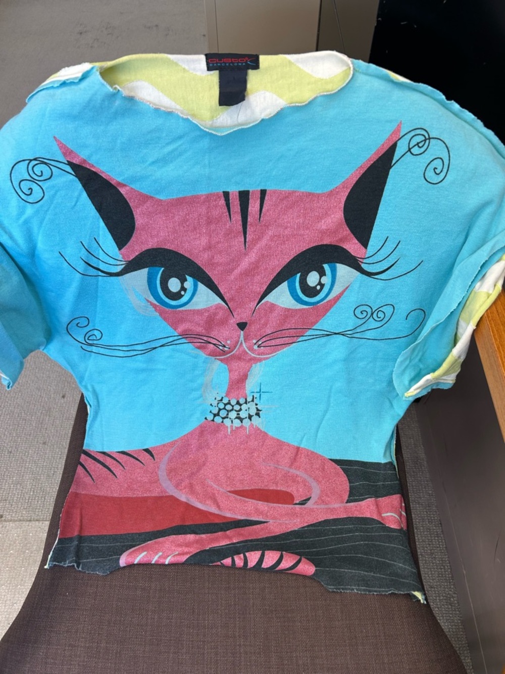 Custo Barcelona Aqua, Pink & Yellow Colorblock cat kitty Graphic Tee size S /m
